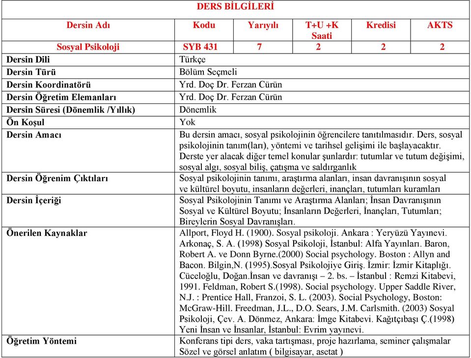 Derste yer alacak diğer temel konular şunlardır: tutumlar ve tutum değişimi, sosyal algı, sosyal biliş, çatışma ve saldırganlık Sosyal psikolojinin tanımı, araştırma alanları, insan davranışının