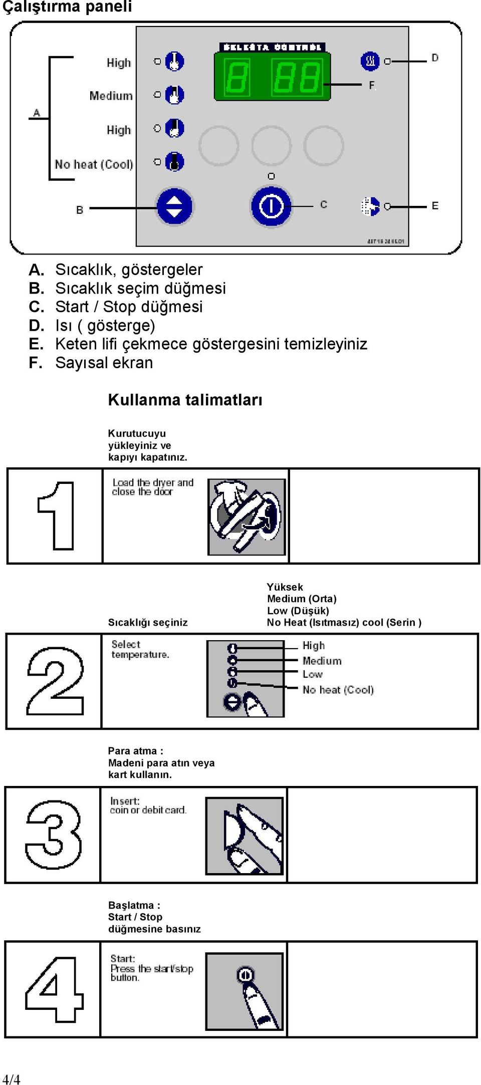 Sayısal ekran Kullanma talimatları Kurutucuyu yükleyiniz ve kapıyı kapatınız.