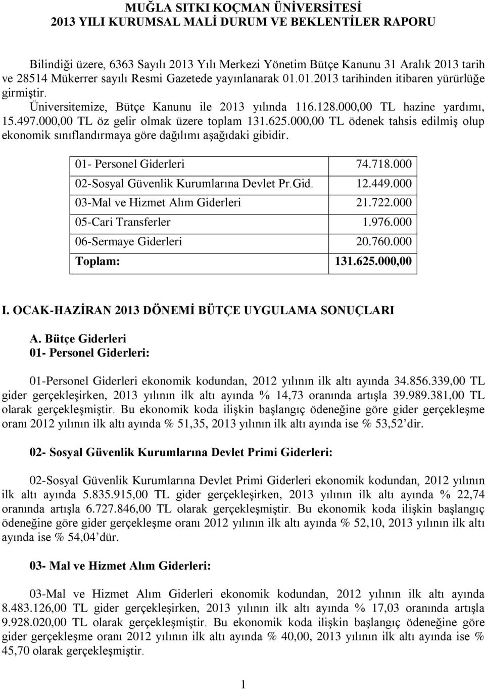 000,00 TL öz gelir olmak üzere toplam 131.625.000,00 TL ödenek tahsis edilmiş olup ekonomik sınıflandırmaya göre dağılımı aşağıdaki gibidir. 01- Personel Giderleri 74.718.