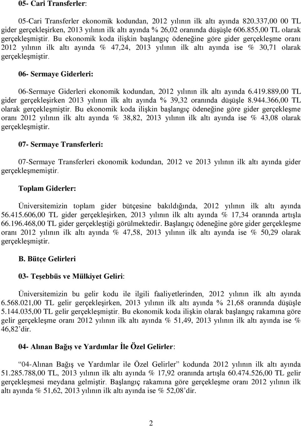 Bu ekonomik koda ilişkin başlangıç ödeneğine göre gider gerçekleşme oranı 2012 yılının ilk altı ayında % 47,24, 2013 yılının ilk altı ayında ise % 30,71 olarak gerçekleşmiştir.