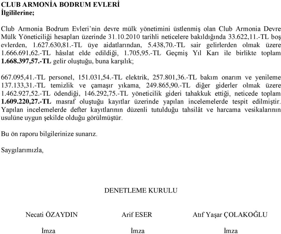 -TL Geçmiş Yıl Karı ile birlikte toplam 1.668.397,57.-TL gelir oluştuğu, buna karşılık; 667.95,41.-TL personel, 151.31,54.-TL elektrik, 257.81,36.-TL bakım onarım ve yenileme 137.133,31.