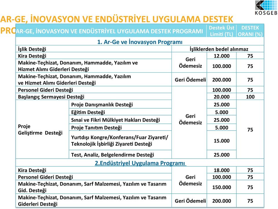 000 75 Hizmet Alımı Giderleri Desteği Makine- Teçhizat, Donanım, Hammadde, Yazılım ve Hizmet Alımı Giderleri Desteği Geri Ödemeli 200.000 75 Personel Gideri Desteği 100.