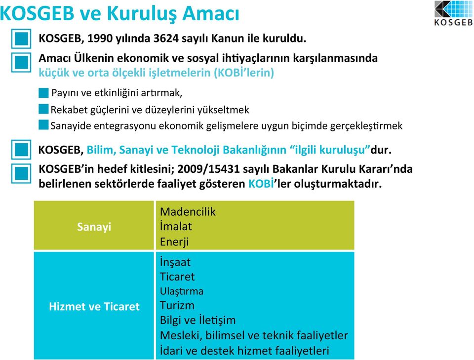 yükseltmek Sanayide entegrasyonu ekonomik gelişmelere uygun biçimde gerçekleş:rmek KOSGEB, Bilim, Sanayi ve Teknoloji Bakanlığının ilgili kuruluşu dur.