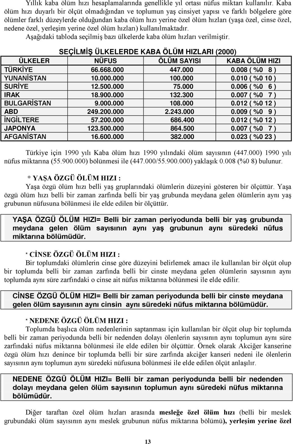 özel, nedene özel, yerleşim yerine özel ölüm hızları) kullanılmaktadır. Aşağıdaki tabloda seçilmiş bazı ülkelerde kaba ölüm hızları verilmiştir.