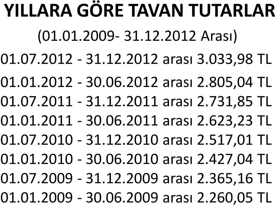 01.2011-30.06.2011 arası 2.623,23 TL 01.07.2010-31.12.2010 arası 2.517,01 TL 01.01.2010-30.06.2010 arası 2.427,04 TL 01.