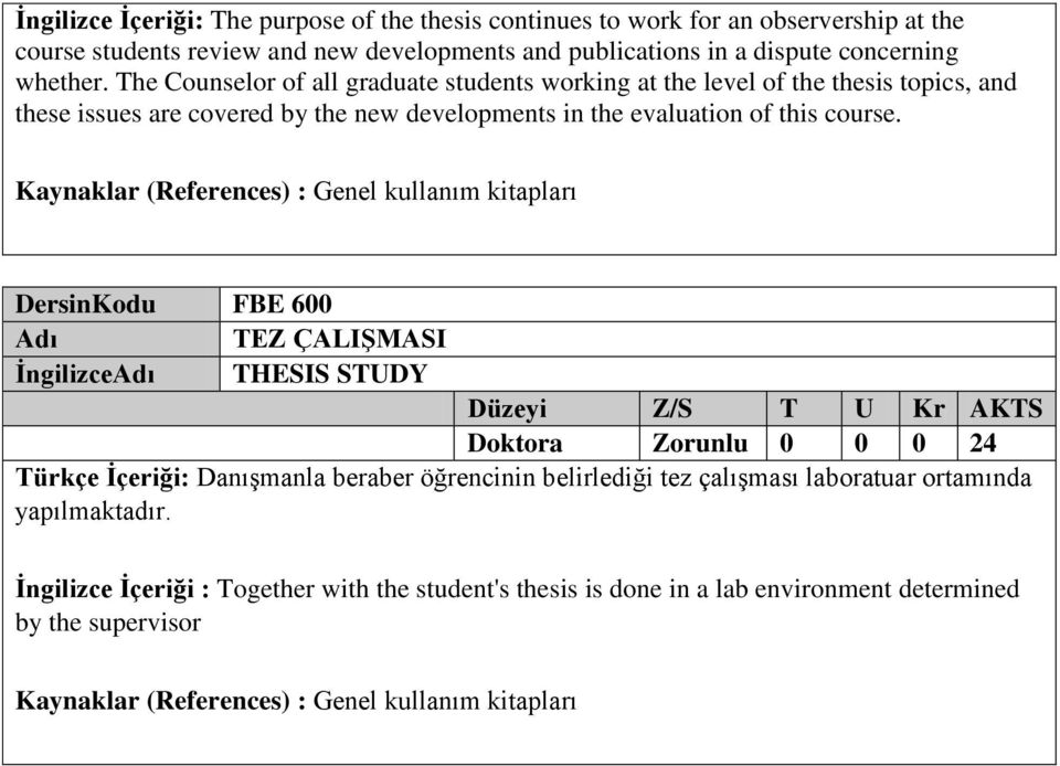 Kaynaklar (References) : Genel kullanım kitapları DersinKodu FBE 600 TEZ ÇALIŞMASI İngilizce THESIS STUDY Doktora Zorunlu 0 0 0 24 Türkçe İçeriği: Danışmanla beraber öğrencinin belirlediği