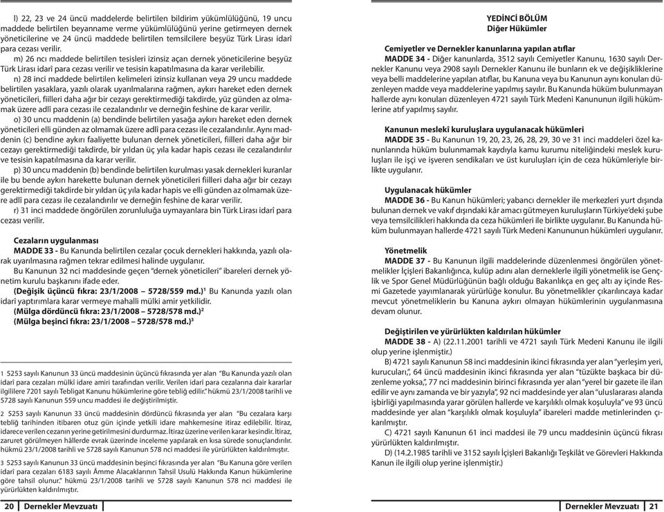 m) 26 ncı maddede belirtilen tesisleri izinsiz açan dernek yöneticilerine beşyüz Türk Lirası idarî para cezası verilir ve tesisin kapatılmasına da karar verilebilir.