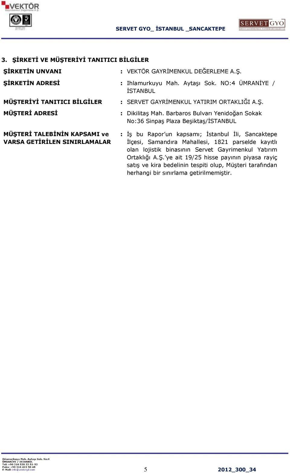 Barbaros Bulvarı Yenidoğan Sokak No:36 Sinpaş Plaza Beşiktaş/İSTANBUL : İş bu Rapor un kapsamı; İstanbul İli, Sancaktepe İlçesi, Samandıra Mahallesi, 1821 parselde kayıtlı olan