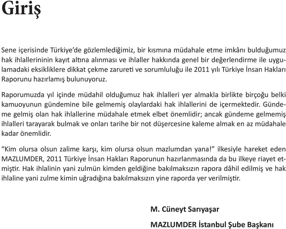 Raporumuzda yıl içinde müdahil olduğumuz hak ihlalleri yer almakla birlikte birçoğu belki kamuoyunun gündemine bile gelmemiş olaylardaki hak ihlallerini de içermektedir.