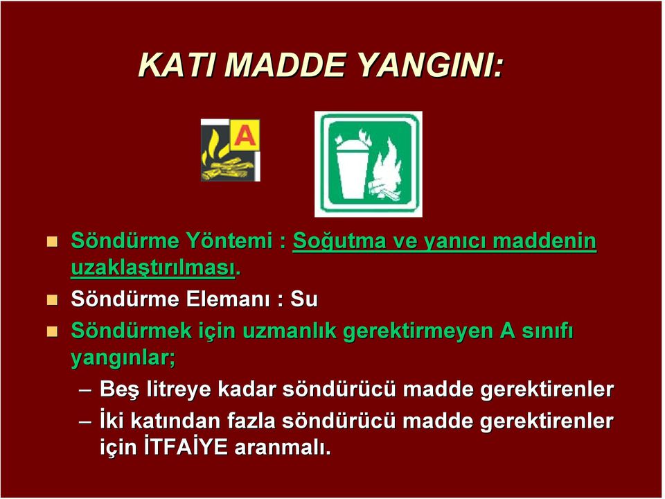 Söndürme Elemanı : Su Söndürmek için i in uzmanlık k gerektirmeyen A sınıfıs