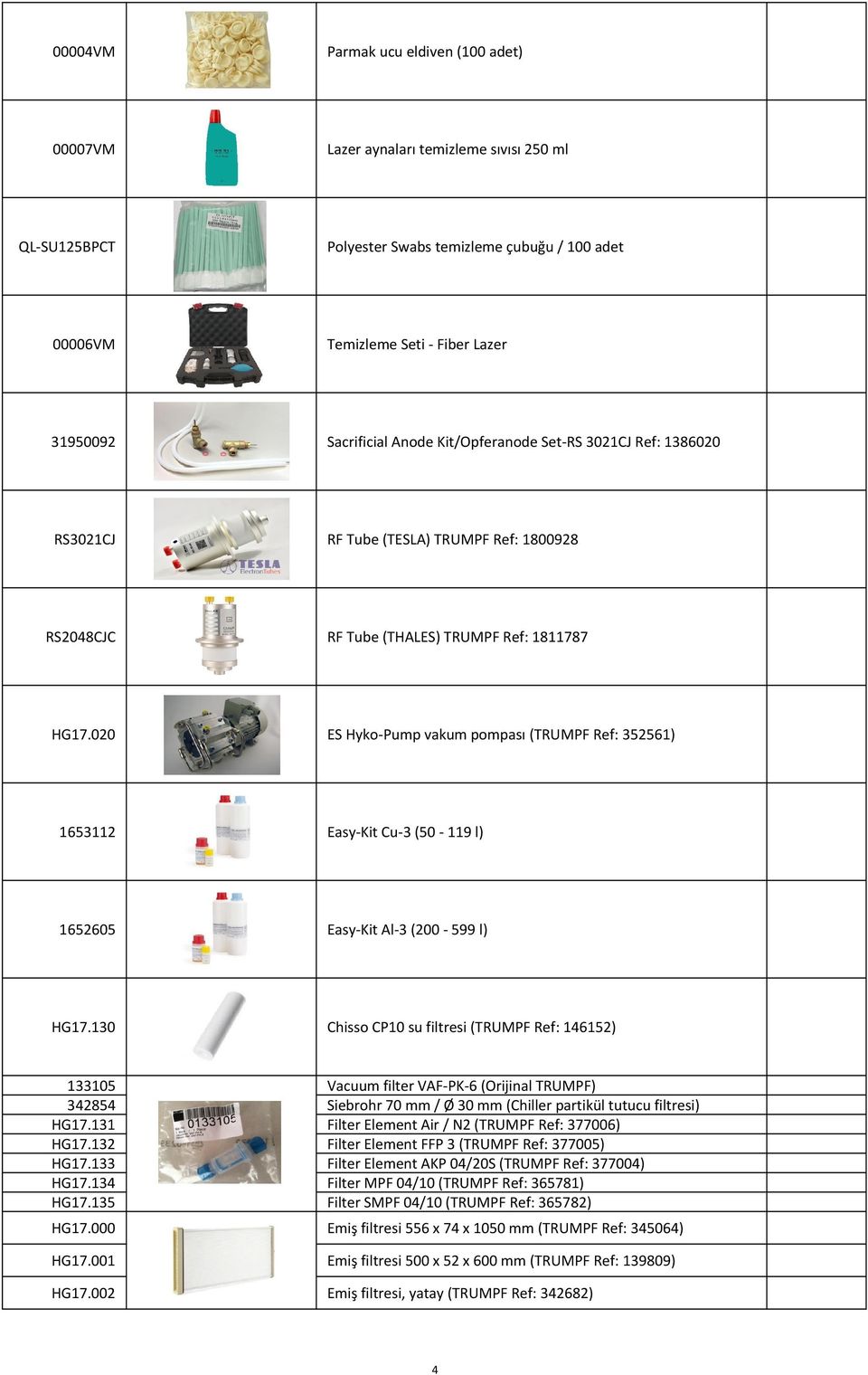 020 ES Hyko-Pump vakum pompası (TRUMPF Ref: 352561) 1653112 Easy-Kit Cu-3 (50-119 l) 1652605 Easy-Kit Al-3 (200-599 l) HG17.