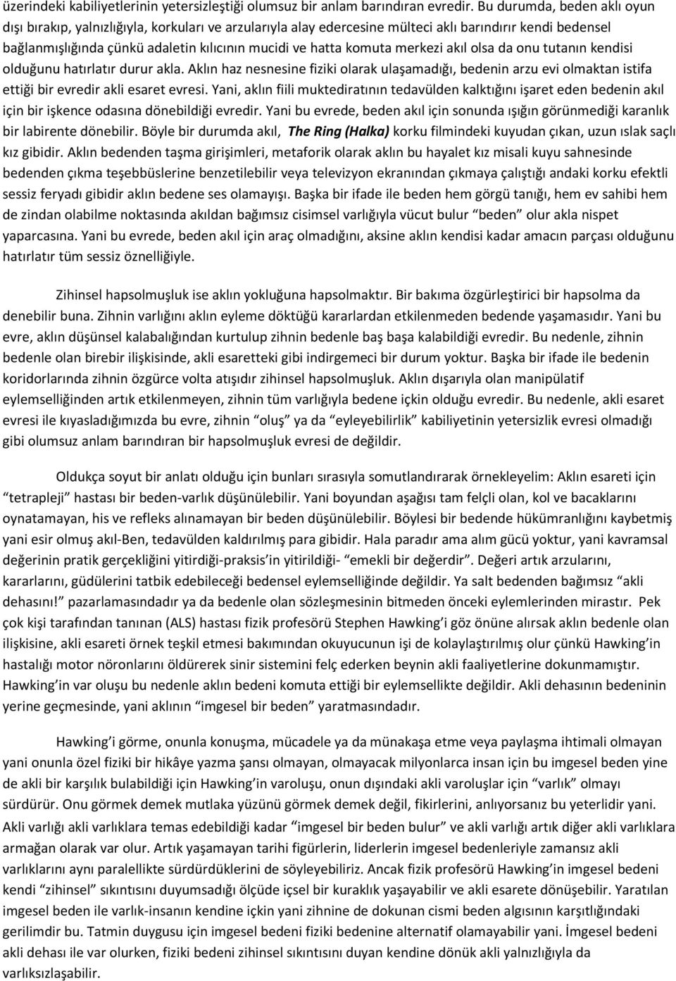 komuta merkezi akıl olsa da onu tutanın kendisi olduğunu hatırlatır durur akla. Aklın haz nesnesine fiziki olarak ulaşamadığı, bedenin arzu evi olmaktan istifa ettiği bir evredir akli esaret evresi.