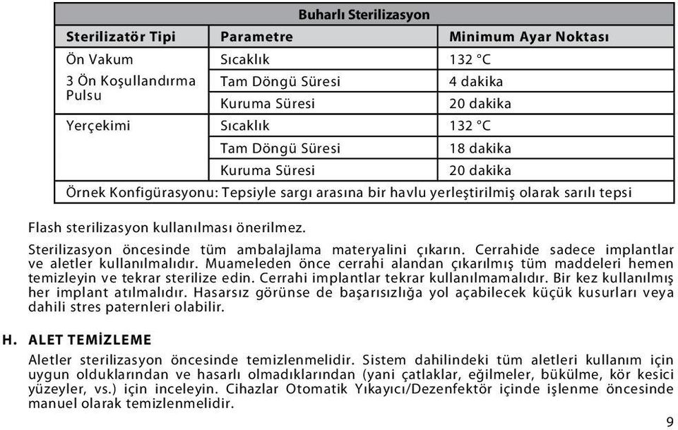 Sterilizasyon öncesinde tüm ambalajlama materyalini çıkarın. Cerrahide sadece implantlar ve aletler kullanılmalıdır.