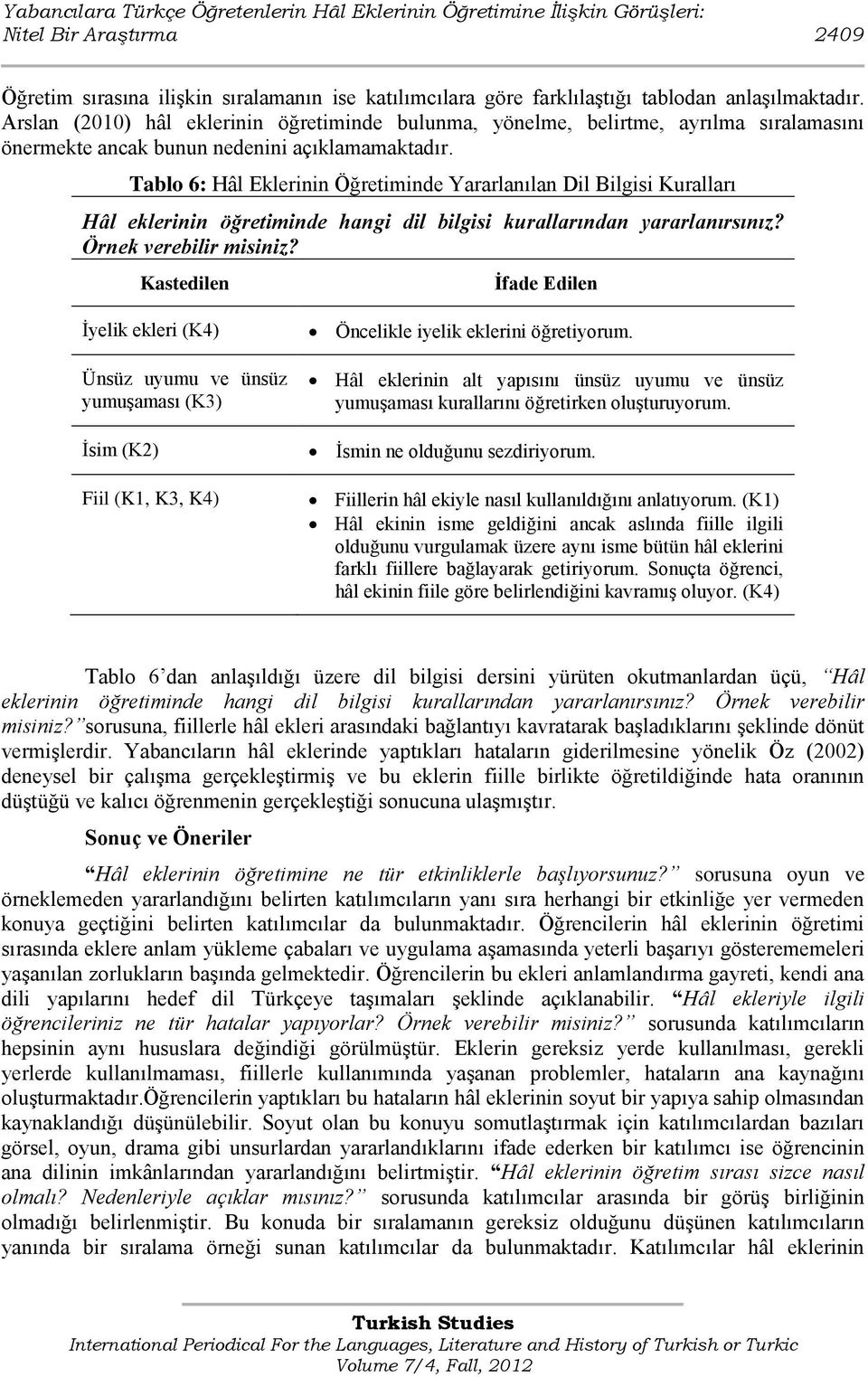 Tablo 6: Hâl Eklerinin Öğretiminde Yararlanılan Dil Bilgisi Kuralları Hâl eklerinin öğretiminde hangi dil bilgisi kurallarından yararlanırsınız? Örnek verebilir misiniz?