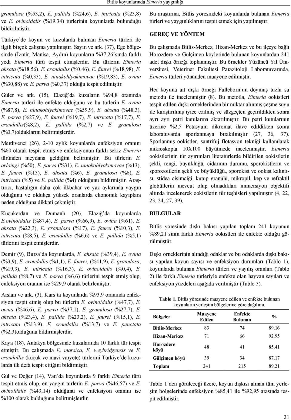 (37), Ege bölgesinde (İzmir, Manisa, Aydın) koyunların %37,26 sında farklı yedi Eimeria ü tespit etmişlerdir. Bu lerin Eimeria ahsata (%18,56), E. crandallis (%0,46), E. faurei (%18,98), E.