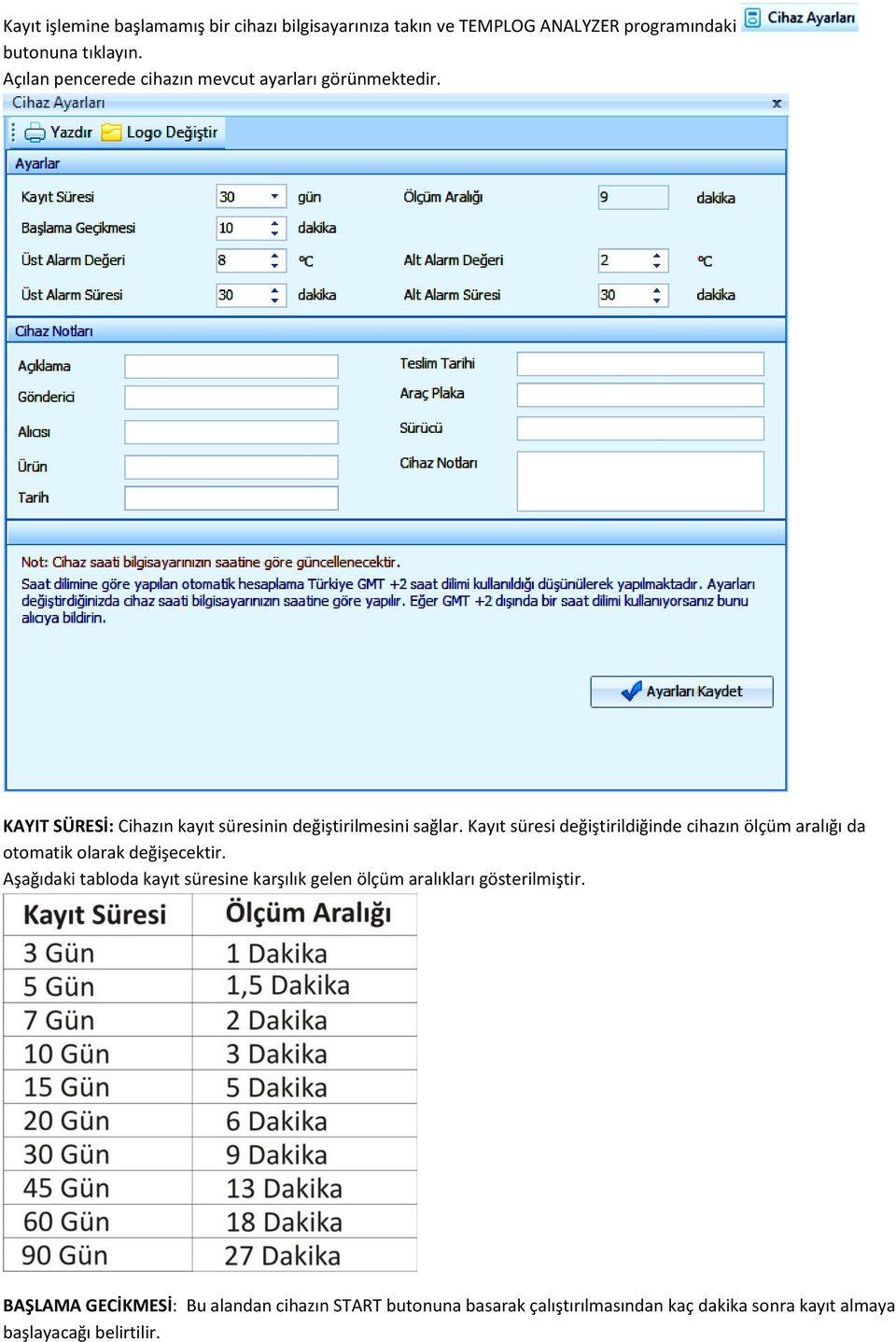 Kayıt süresi değiştirildiğinde cihazın ölçüm aralığı da otomatik olarak değişecektir.