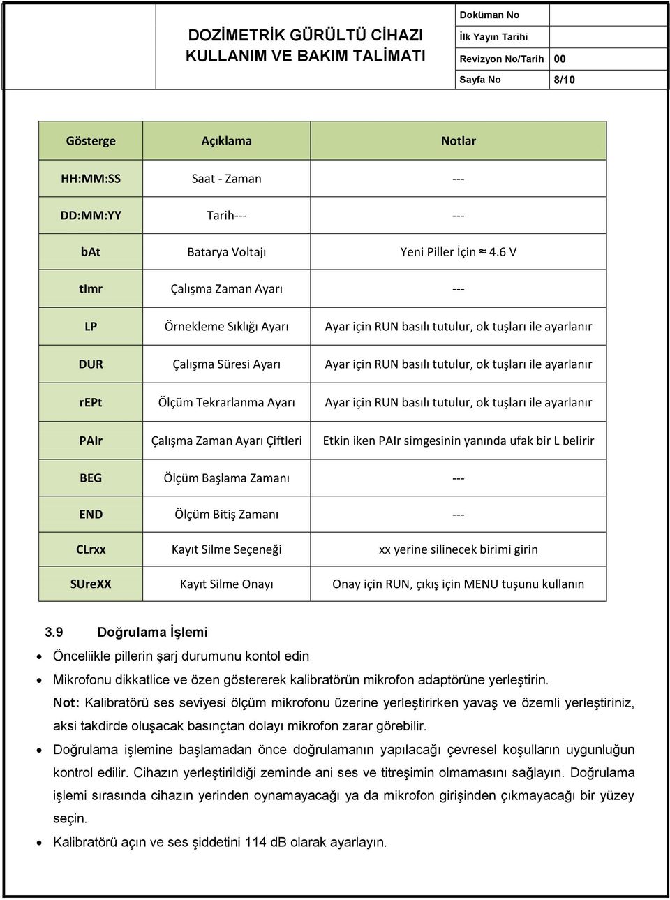 Ölçüm Tekrarlanma Ayarı Ayar için RUN basılı tutulur, ok tuşları ile ayarlanır PAIr Çalışma Zaman Ayarı Çiftleri Etkin iken PAIr simgesinin yanında ufak bir L belirir BEG Ölçüm Başlama Zamanı --- END