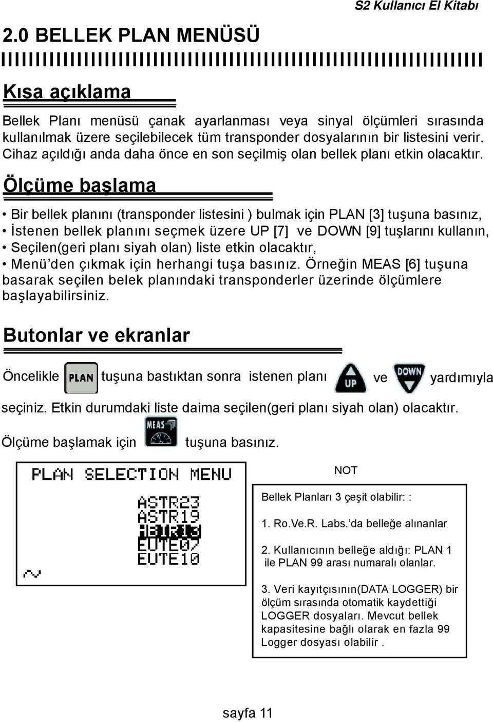 Ölçüme başlama Bir bellek planını (transponder listesini ) bulmak için PLAN [3] tuşuna basınız, İstenen bellek planını seçmek üzere UP [7] ve DOWN [9] tuşlarını kullanın, Seçilen(geri planı siyah