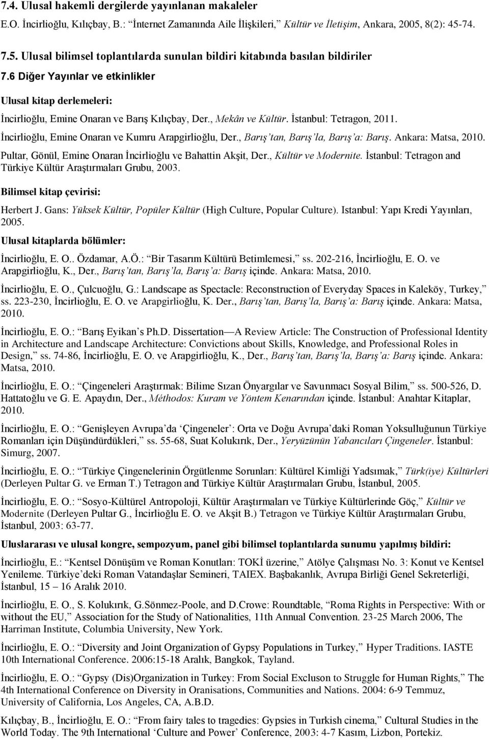 6 Diğer Yayınlar ve etkinlikler Ulusal kitap derlemeleri: İncirlioğlu, Emine Onaran ve Barış Kılıçbay, Der., Mekân ve Kültür. İstanbul: Tetragon, 2011.