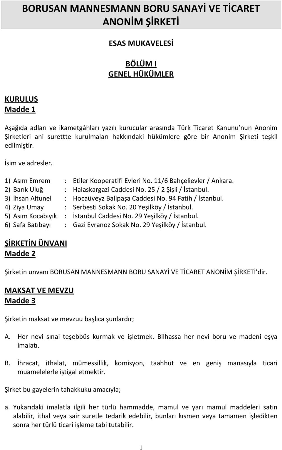 2) Barık Uluğ : Halaskargazi Caddesi No. 25 / 2 Şişli / İstanbul. 3) İhsan Altunel : Hocaüveyz Balipaşa Caddesi No. 94 Fatih / İstanbul. 4) Ziya Umay : Serbesti Sokak No. 20 Yeşilköy / İstanbul.