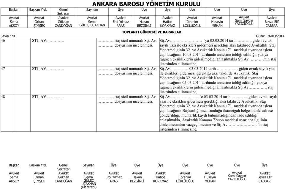 2014 tarihinde annesine tebliği edildiği, yazıya rağmen eksikliklerin giderilmediği anlaşılmakla Stj.Av..'nın staj 47 STJ. AV. staj sicil numaralı Stj. Av. dosyasının incelenmesi.