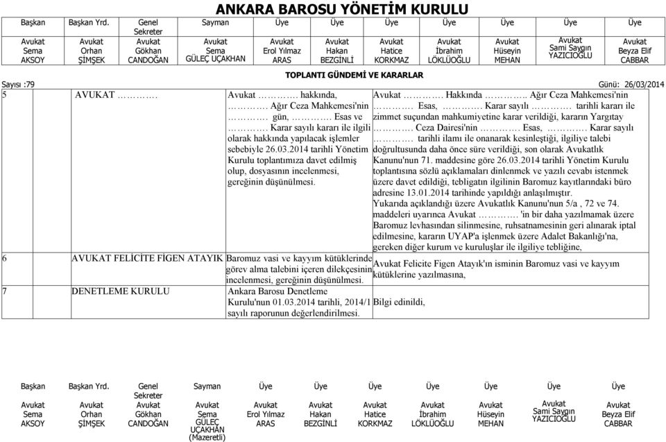 2014 tarihli Yönetim Kurulu toplantımıza davet edilmiş olup, dosyasının incelenmesi, gereğinin düşünülmesi.. Ceza Dairesi'nin. Esas,. Karar sayılı.