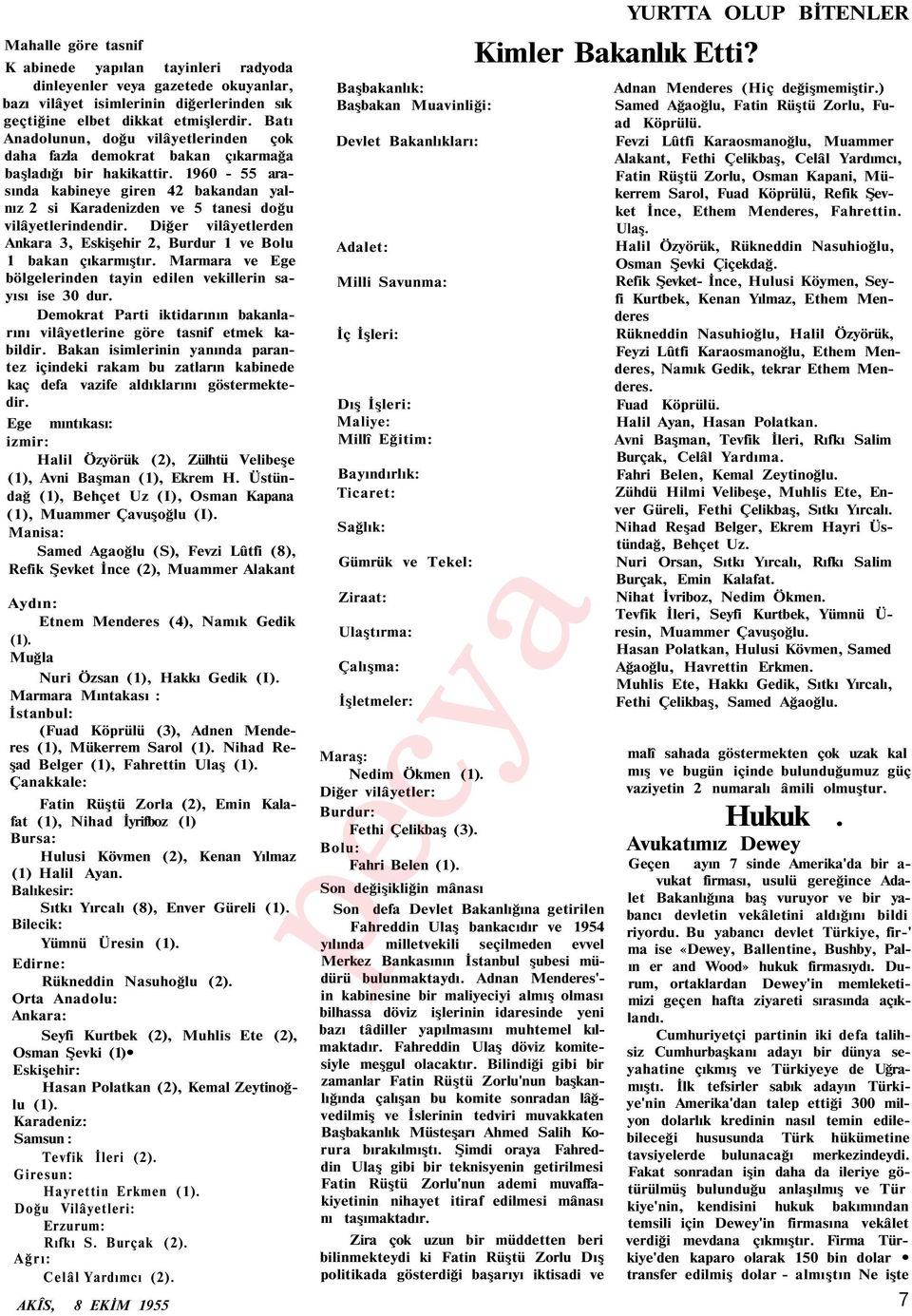 1960-55 arasında kabineye giren 42 bakandan yalnız 2 si Karadenizden ve 5 tanesi doğu vilâyetlerindendir. Diğer vilâyetlerden Ankara 3, Eskişehir 2, Burdur 1 ve Bolu 1 bakan çıkarmıştır.