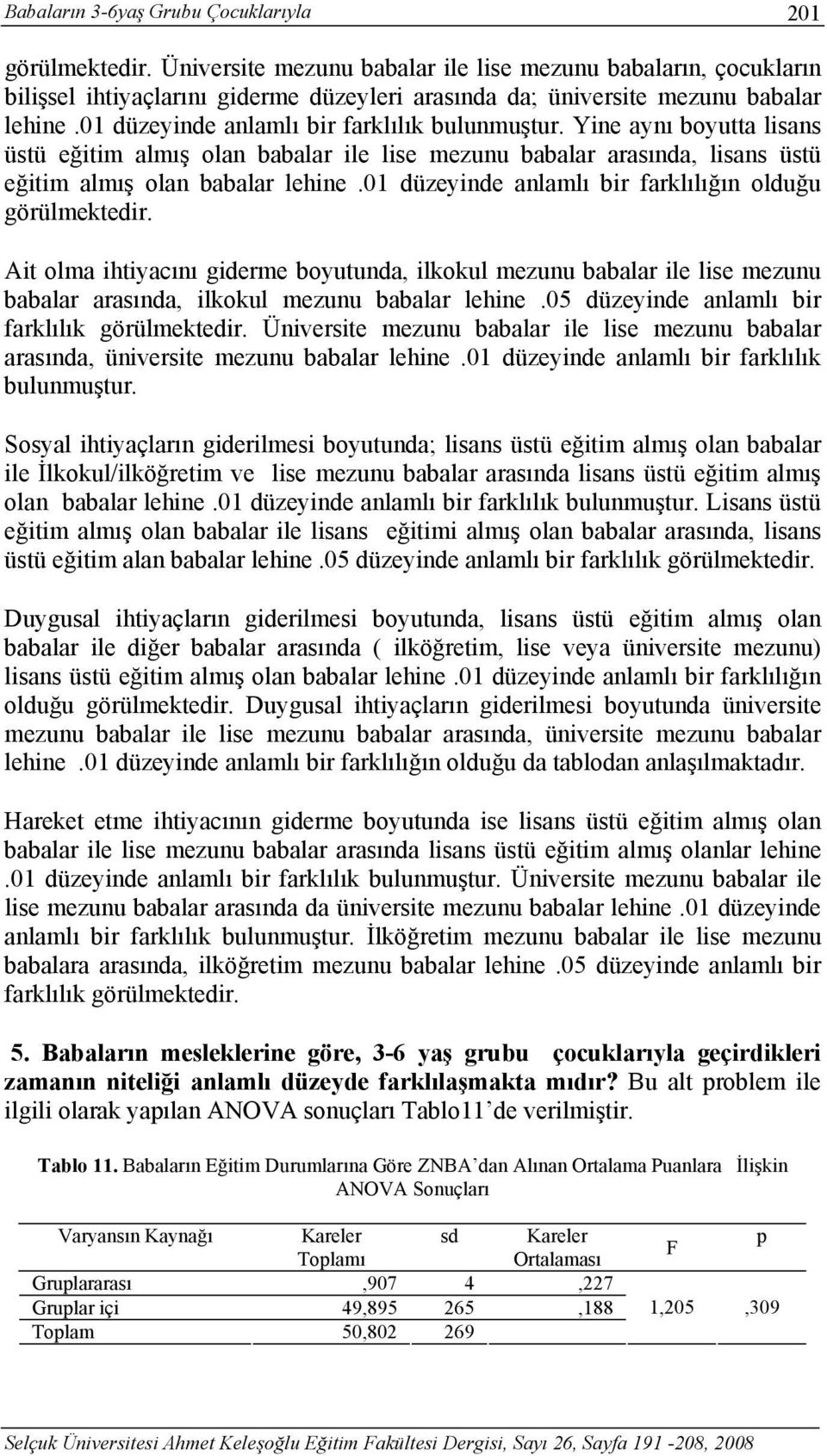 Yine aynı boyutta lisans üstü eğitim almış olan babalar ile lise mezunu babalar arasında, lisans üstü eğitim almış olan babalar lehine.01 düzeyinde anlamlı bir farklılığın olduğu görülmektedir.