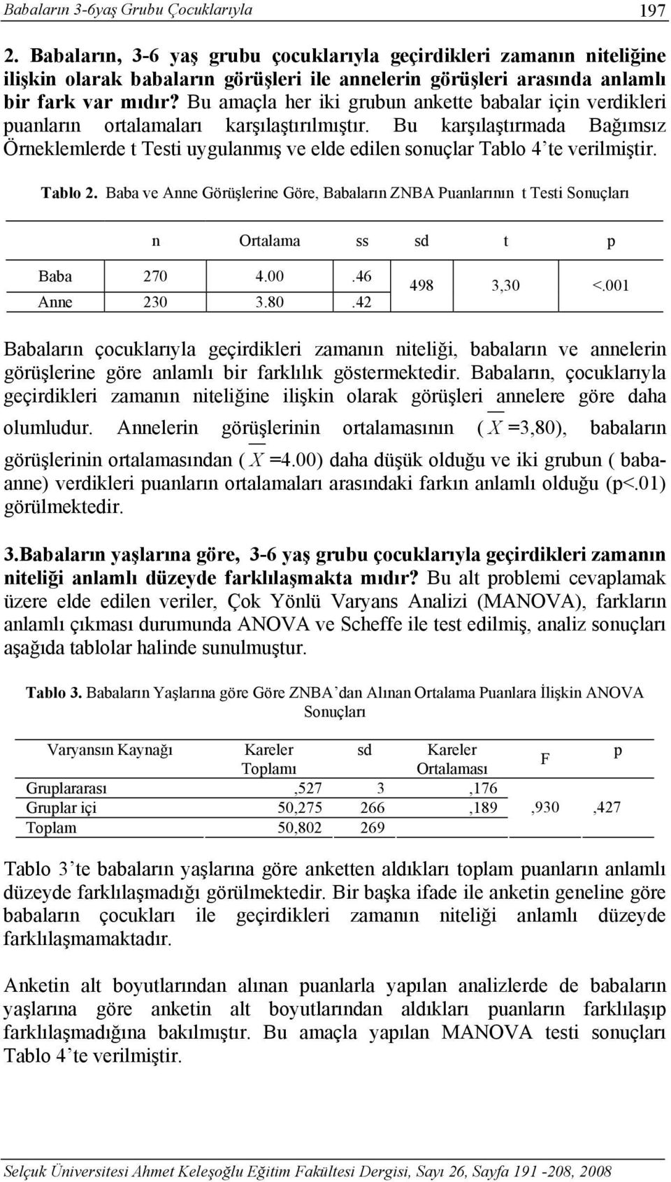 Bu amaçla her iki grubun ankette babalar için verdikleri puanların ortalamaları karşılaştırılmıştır.