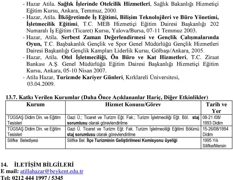 MEB Hizmetiçi Eğitim Dairesi Başkanlığı 202 Numaralı İş Eğitim (Ticaret) Kursu, Yalova/Bursa, 0711 Temmuz 2003. Hazar, Atila. Serbest Zaman Değerlendirmesi ve Gençlik Çalışmalarında Oyun, T.C.