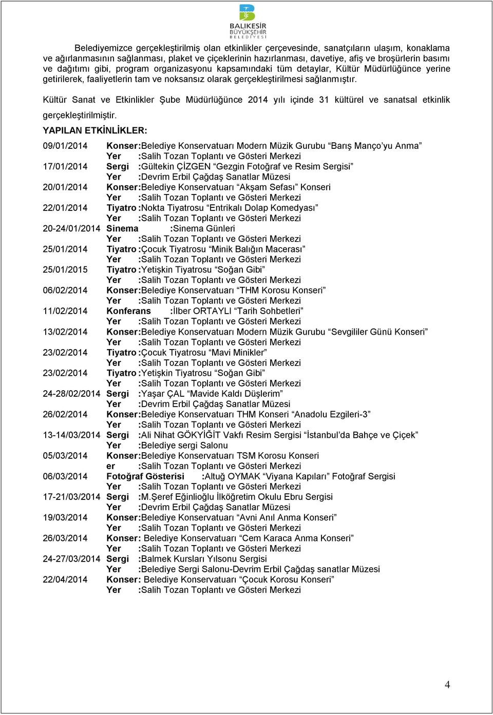 Kültür Sanat ve Etkinlikler Şube Müdürlüğünce 2014 yılı içinde 31 kültürel ve sanatsal etkinlik gerçekleştirilmiştir.