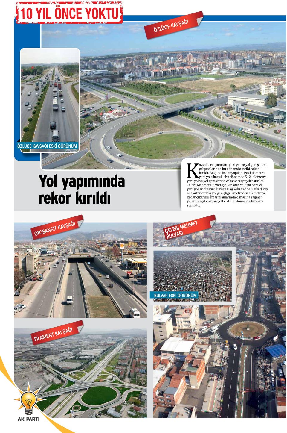 Çelebi Mehmet Bulvarı gibi Ankara Yolu na paralel yeni yollar oluşturulurken Dağ Yolu Caddesi gibi dikey ana arterlerdeki yol genişliği 6 metreden 15 metreye