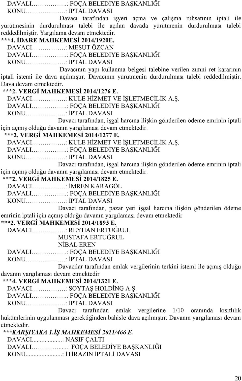 : İPTAL DAVASI Davacının yapı kullanma belgesi talebine verilen zımni ret kararının iptali istemi ile dava açılmıştır. Davacının yürütmenin durdurulması talebi reddedilmiştir. Dava devam etmektedir.