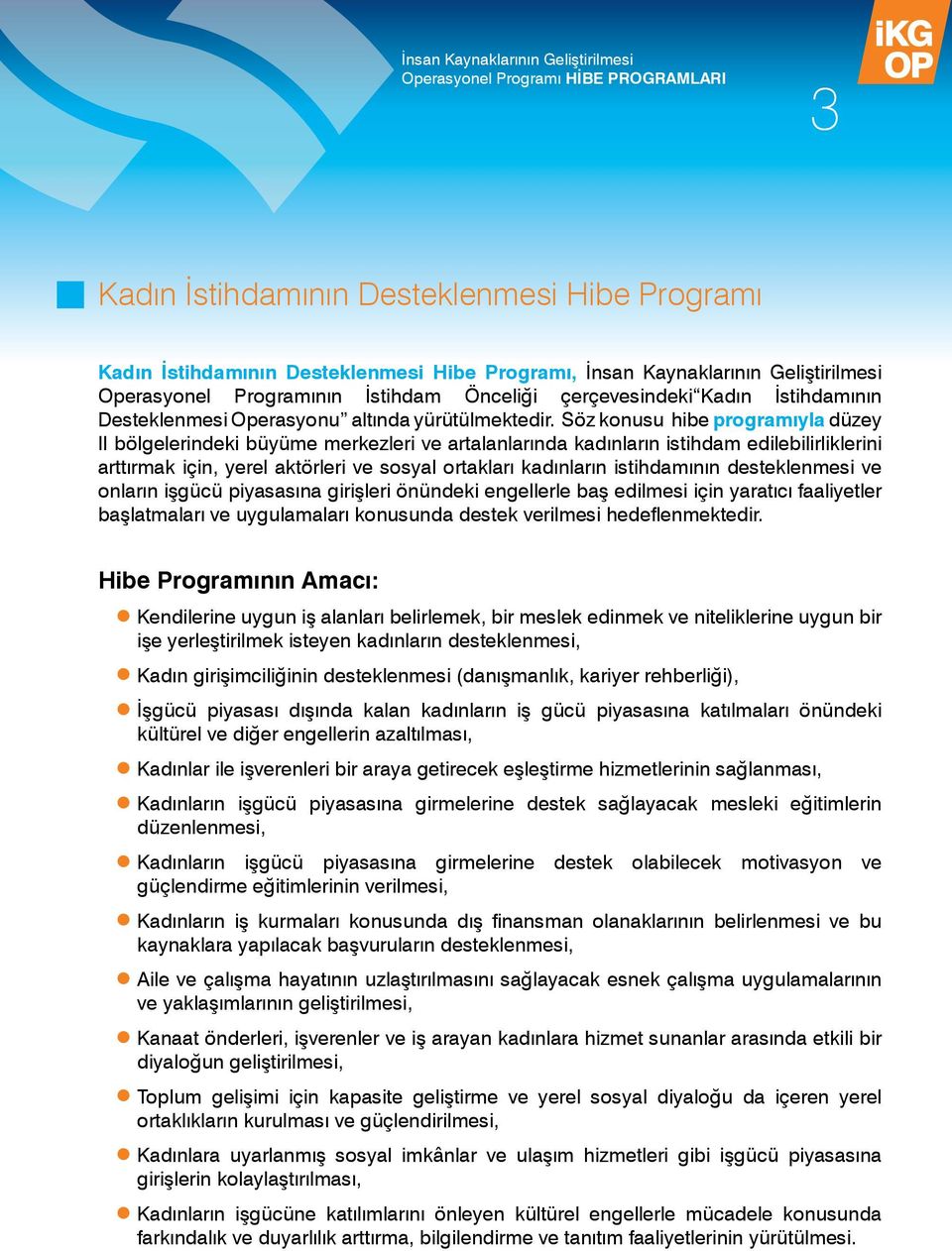 Söz konusu hibe programıyla düzey II bölgelerindeki büyüme merkezleri ve artalanlarında kadınların istihdam edilebilirliklerini arttırmak için, yerel aktörleri ve sosyal ortakları kadınların