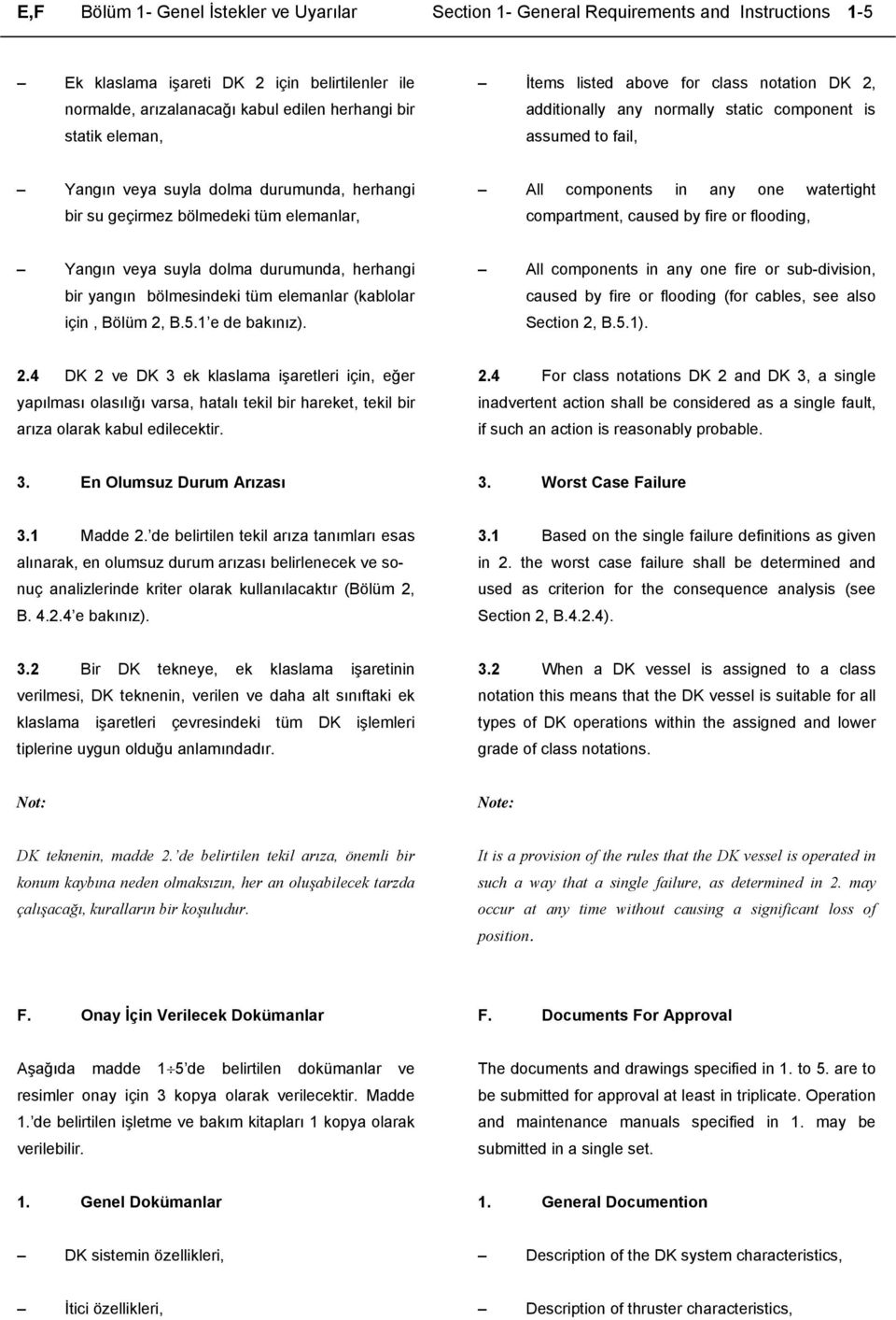 All components in any one watertight compartment, caused by fire or flooding, Yangın veya suyla dolma durumunda, herhangi bir yangın bölmesindeki tüm elemanlar (kablolar için, Bölüm 2, B.5.