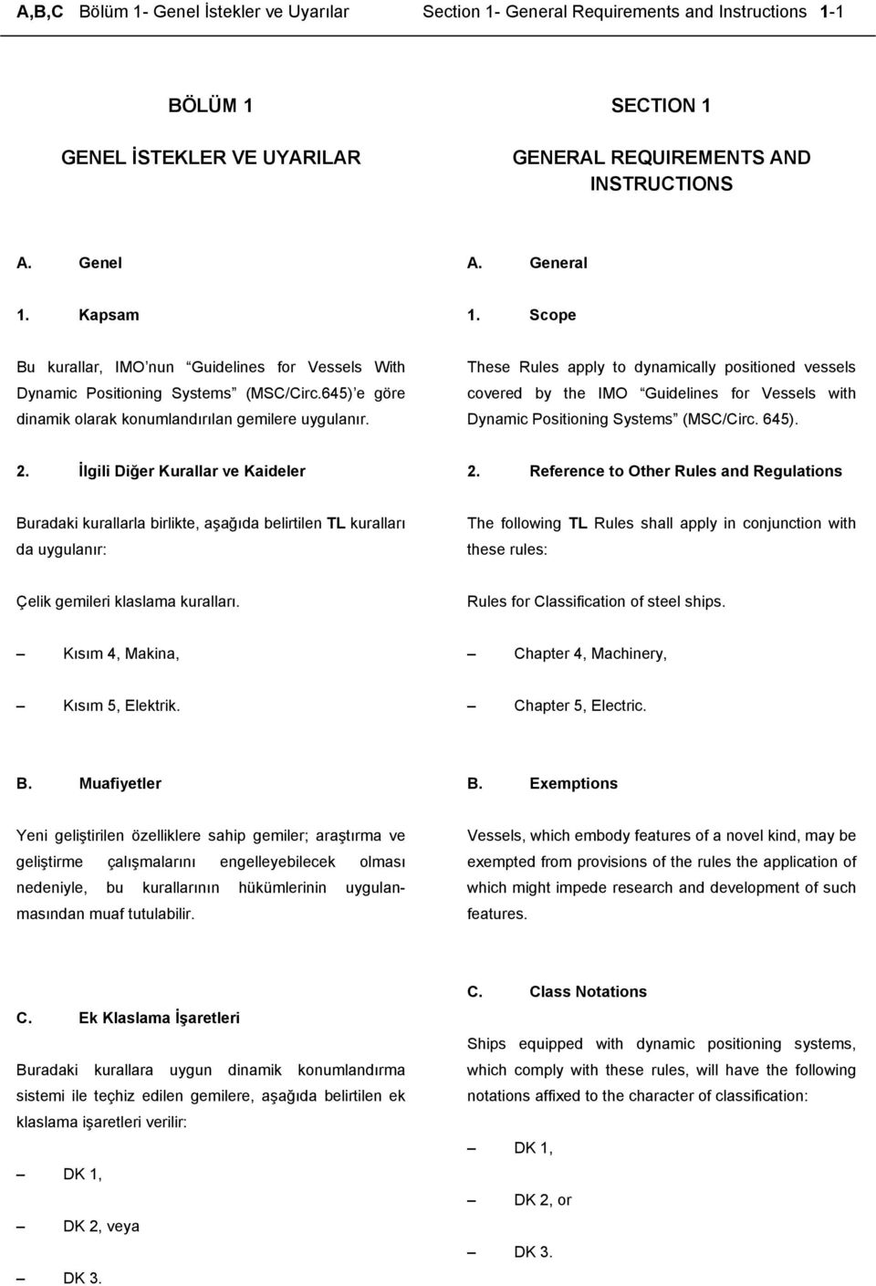 These Rules apply to dynamically positioned vessels covered by the IMO Guidelines for Vessels with Dynamic Positioning Systems (MSC/Circ. 645). 2. İlgili Diğer Kurallar ve Kaideler 2.