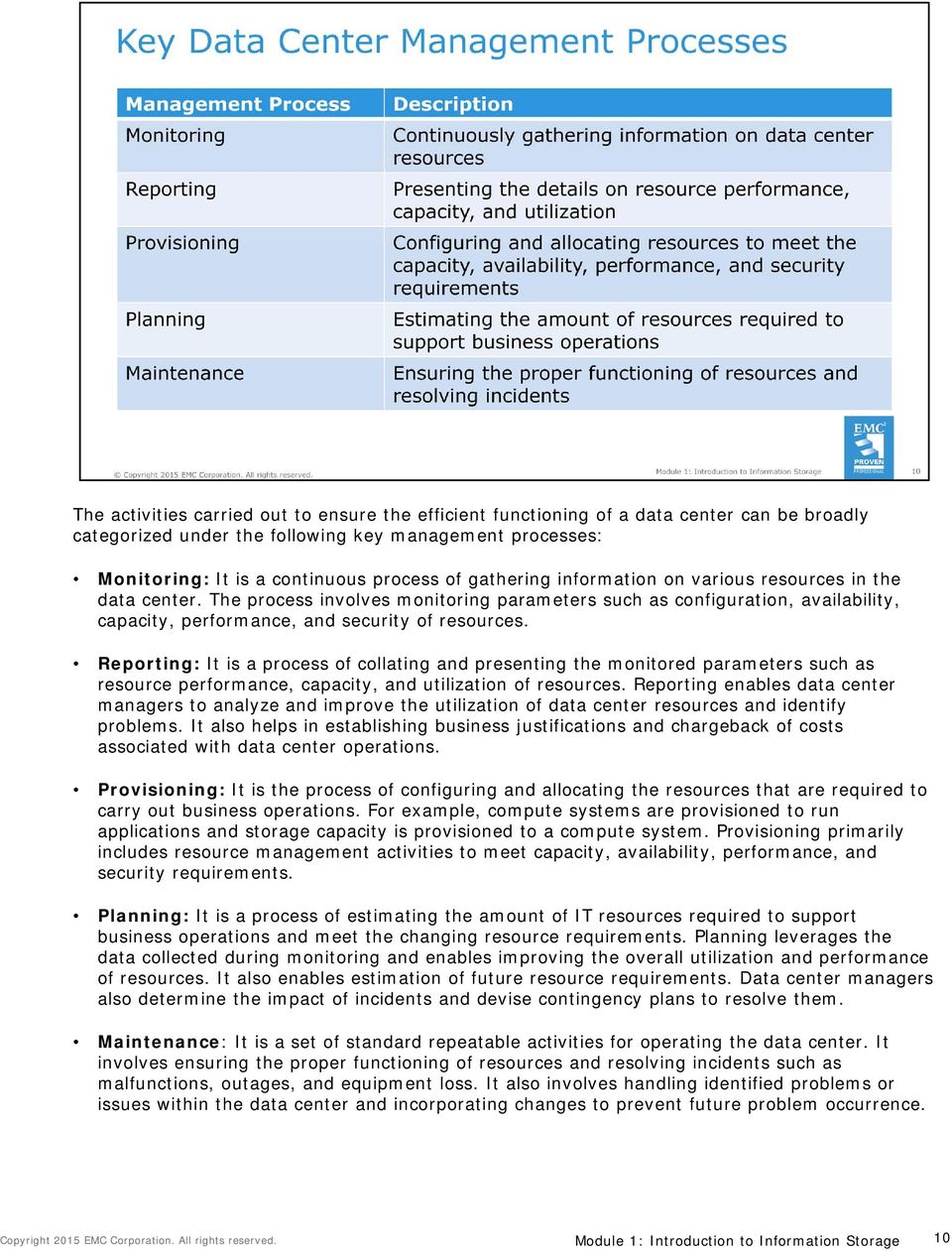 Reporting: It is a process of collating and presenting the monitored parameters such as resource performance, capacity, and utilization of resources.