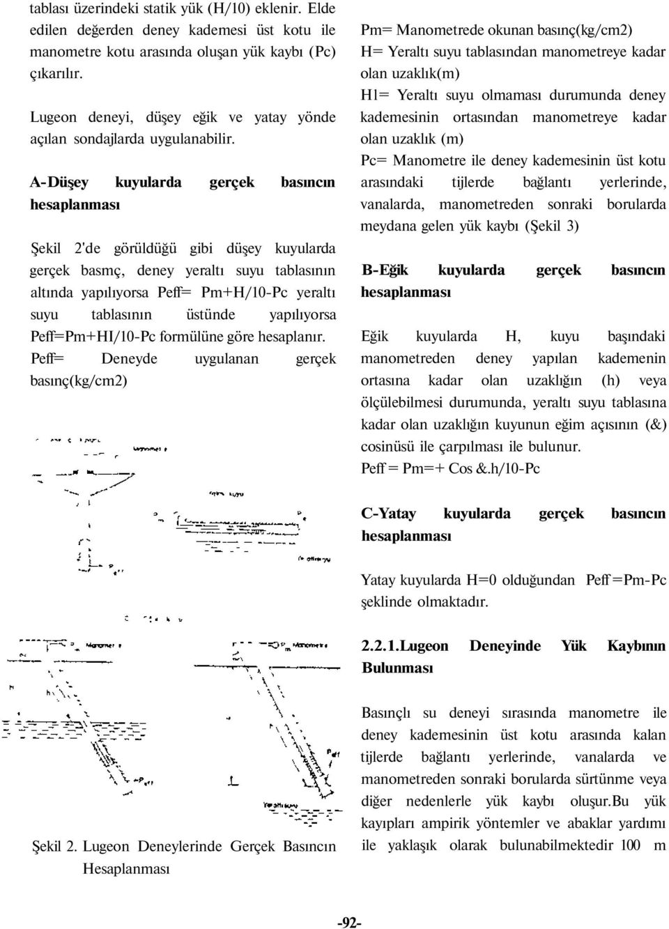 A-Düşey kuyularda gerçek basıncın hesaplanması Şekil 2'de görüldüğü gibi düşey kuyularda gerçek basmç, deney yeraltı suyu tablasının altında yapılıyorsa Peff= Pm+H/10-Pc yeraltı suyu tablasının