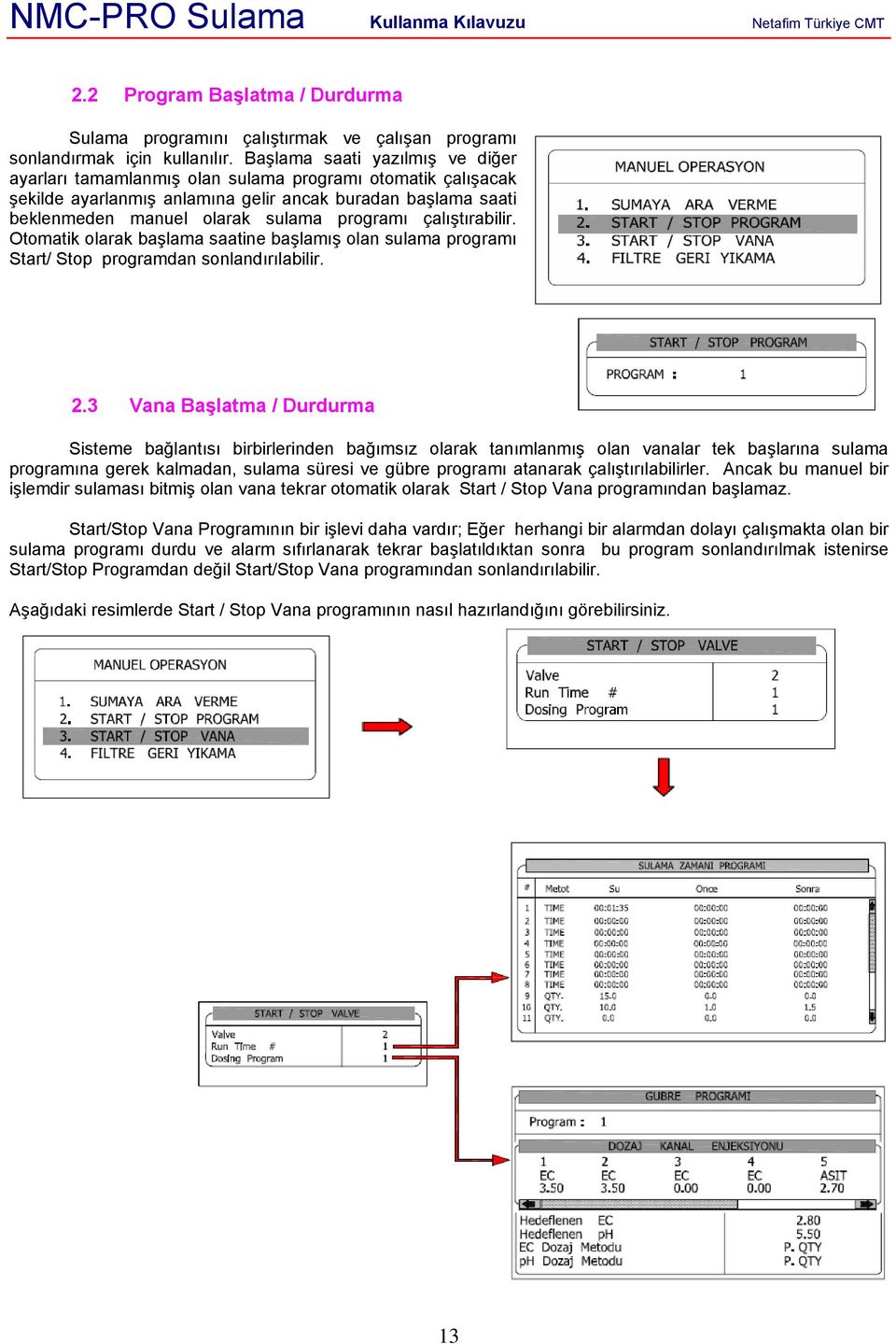 çalıştırabilir. Otomatik olarak başlama saatine başlamış olan sulama programı Start/ Stop programdan sonlandırılabilir. 2.