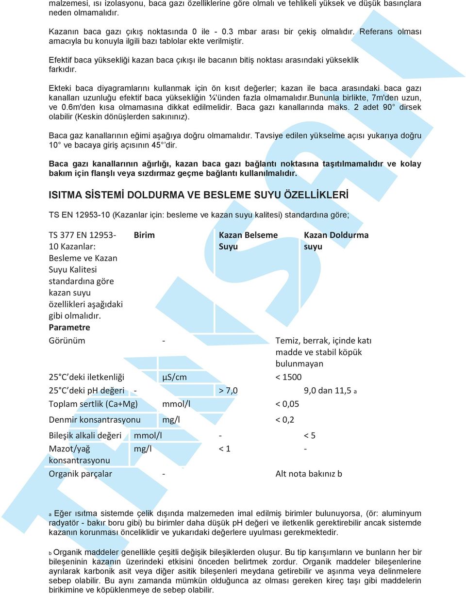 Ekteki baca diyagramlarını kullanmak için ön kısıt değerler; kazan ile baca arasındaki baca gazı kanalları uzunluğu efektif baca yüksekliğin ¼'ünden fazla olmamalıdır.