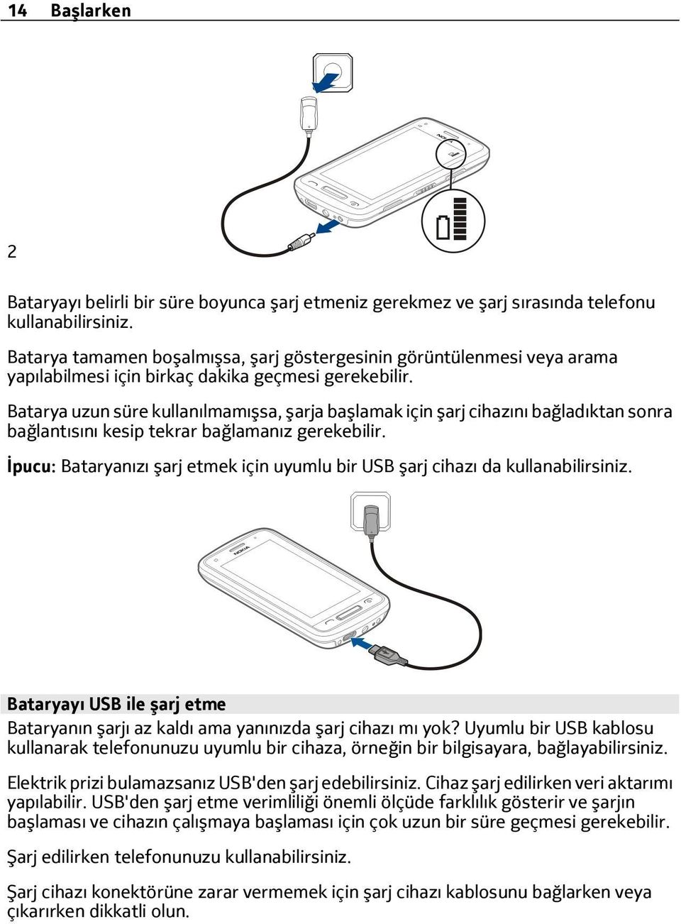 Batarya uzun süre kullanılmamışsa, şarja başlamak için şarj cihazını bağladıktan sonra bağlantısını kesip tekrar bağlamanız gerekebilir.