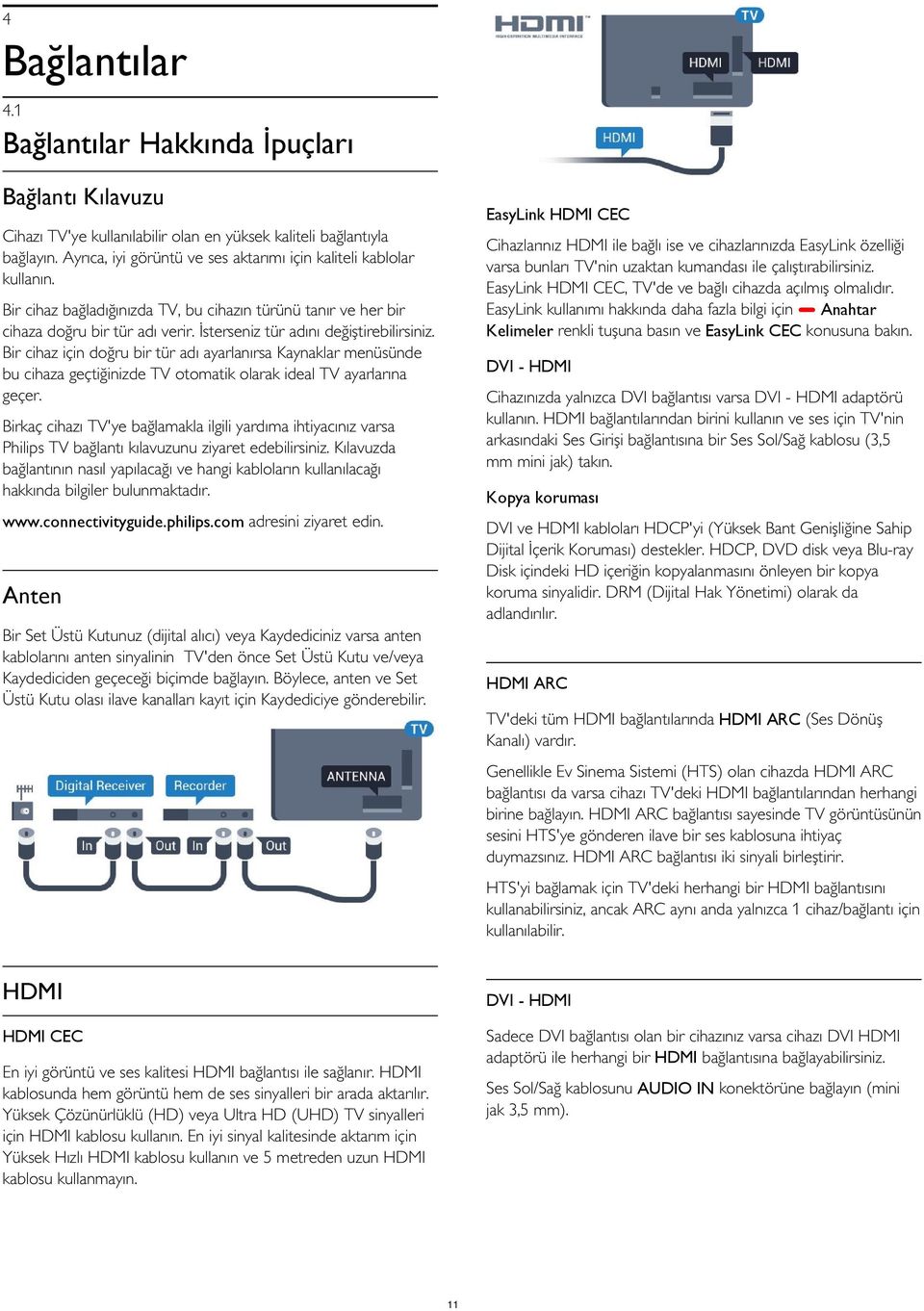 EasyLink HDMI CEC, TV'de ve bağlı cihazda açılmış olmalıdır. EasyLink kullanımı hakkında daha fazla bilgi için Anahtar Kelimeler renkli tuşuna basın ve EasyLink CEC konusuna bakın.