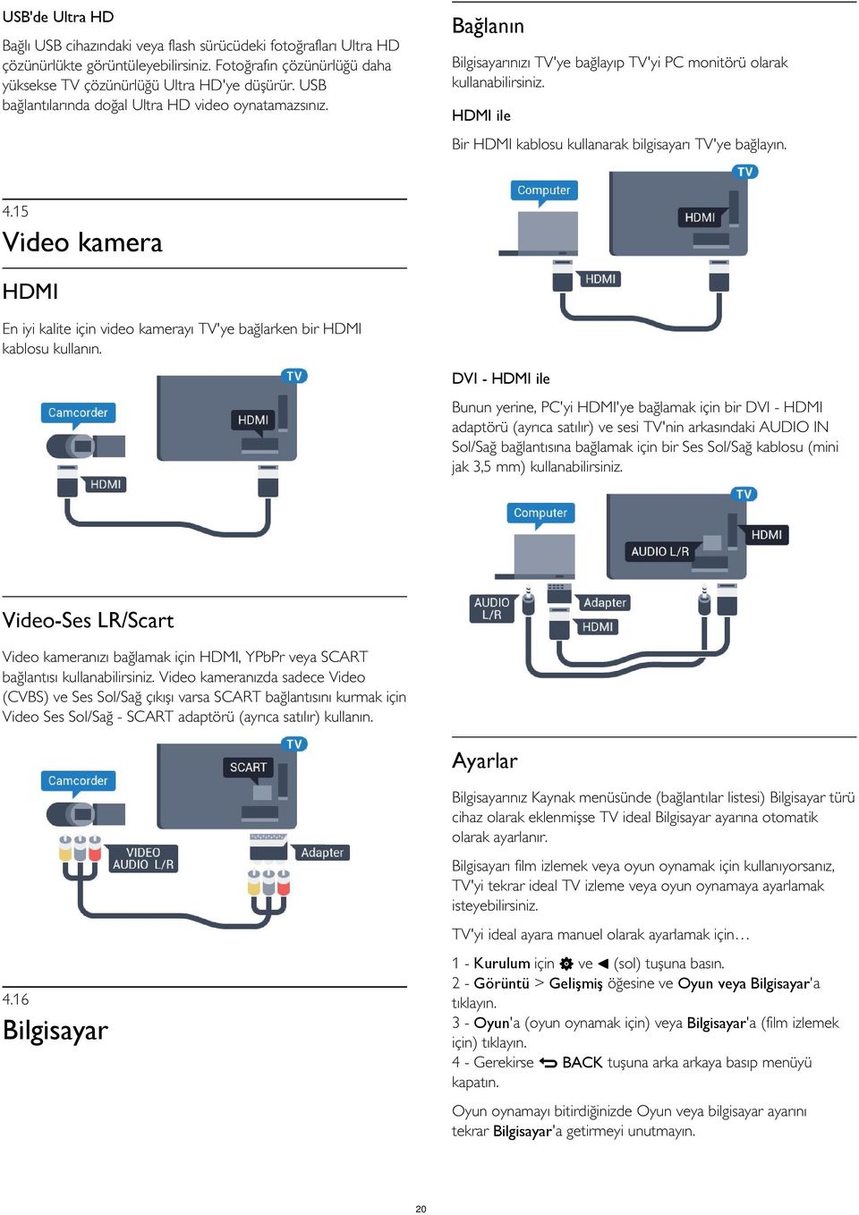 15 Video kamera HDMI En iyi kalite için video kamerayı TV'ye bağlarken bir HDMI kablosu kullanın.