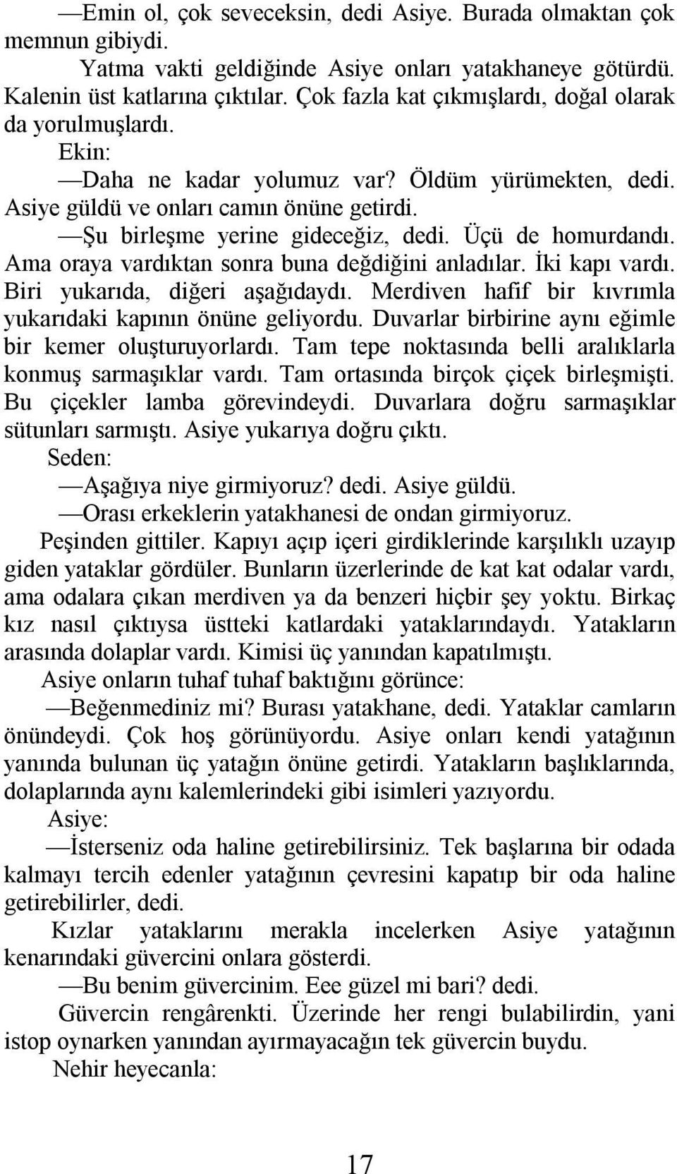 Üçü de homurdandı. Ama oraya vardıktan sonra buna değdiğini anladılar. İki kapı vardı. Biri yukarıda, diğeri aşağıdaydı. Merdiven hafif bir kıvrımla yukarıdaki kapının önüne geliyordu.