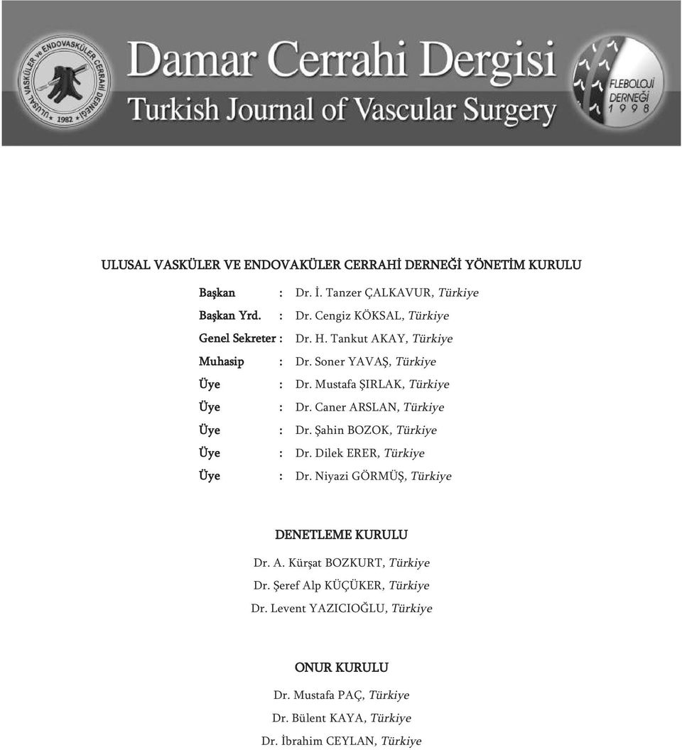 Şahin BOZOK, Türkiye Üye : Dr. Dilek ERER, Türkiye Üye : Dr. Niyazi GÖRMÜŞ, Türkiye DENETLEME KURULU Dr. A. Kürşat BOZKURT, Türkiye Dr.