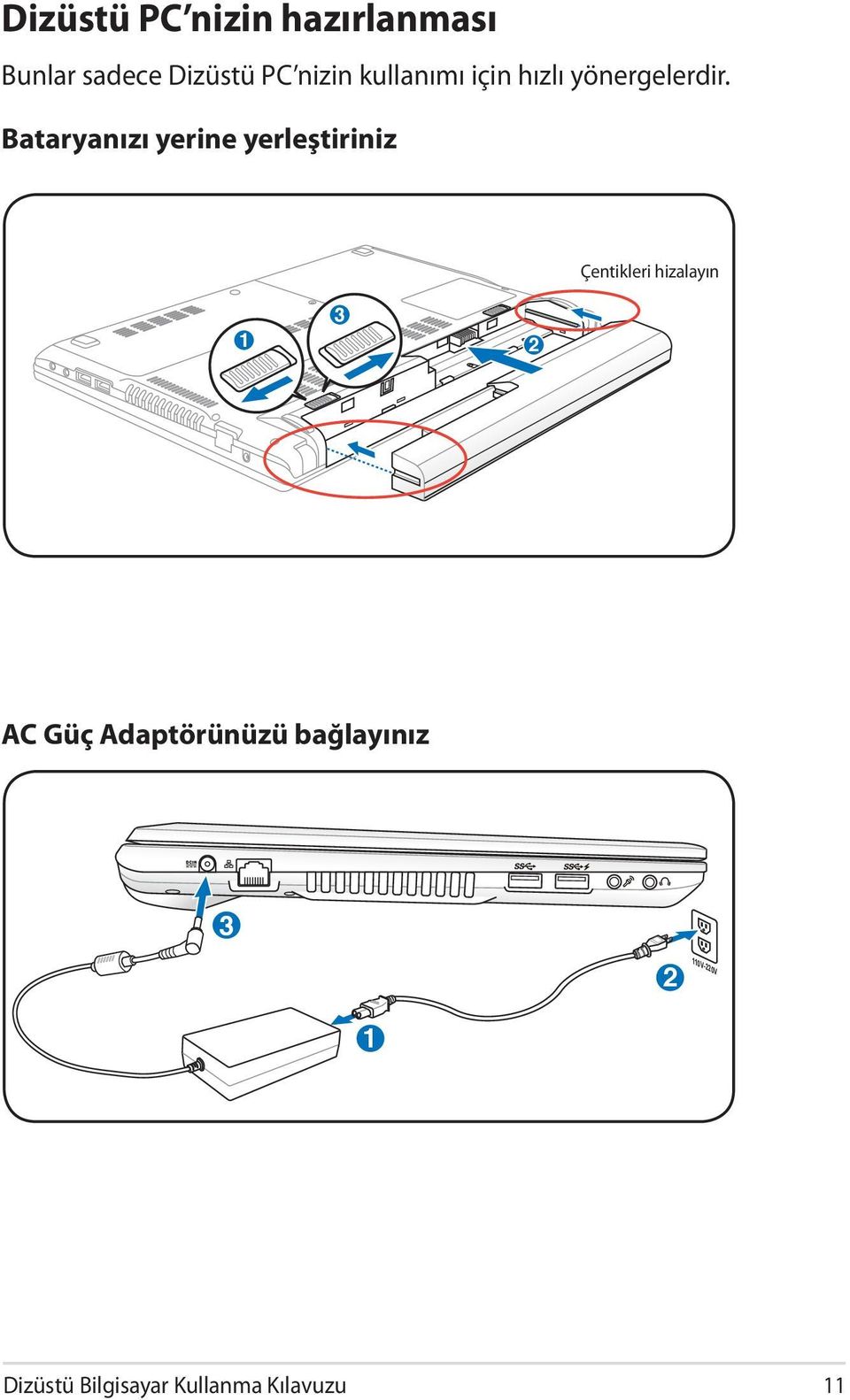 Bataryanızı yerine yerleştiriniz Çentikleri hizalayın 1 3 2