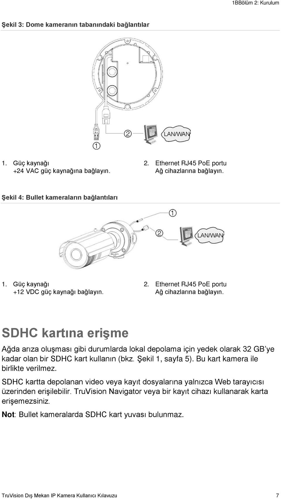 SDHC kartına erişme Ağda arıza oluşması gibi durumlarda lokal depolama için yedek olarak 32 GB ye kadar olan bir SDHC kart kullanın (bkz. Şekil 1, sayfa 5). Bu kart kamera ile birlikte verilmez.