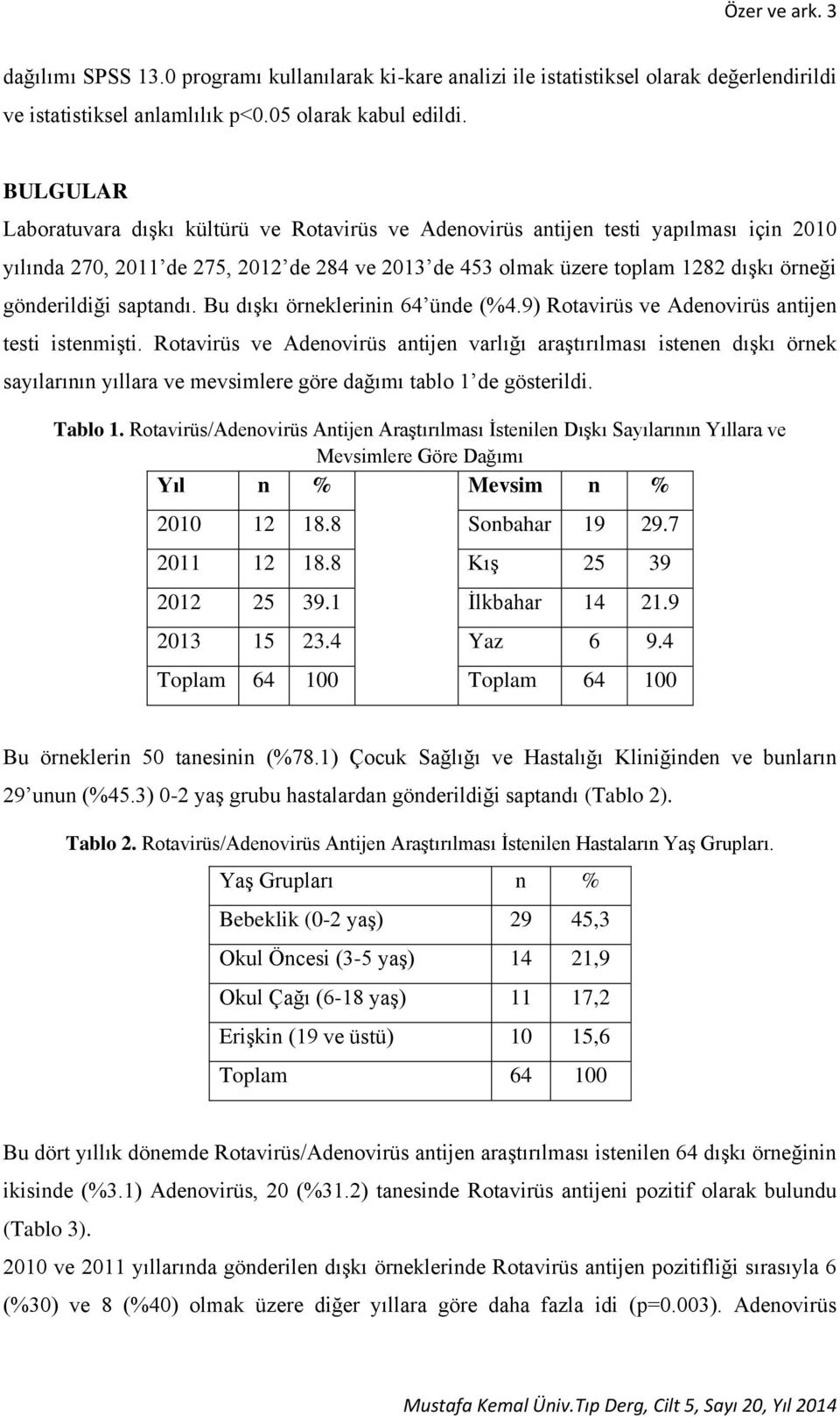 saptandı. Bu dışkı örneklerinin 64 ünde (%4.9) Rotavirüs ve Adenovirüs antijen testi istenmişti.