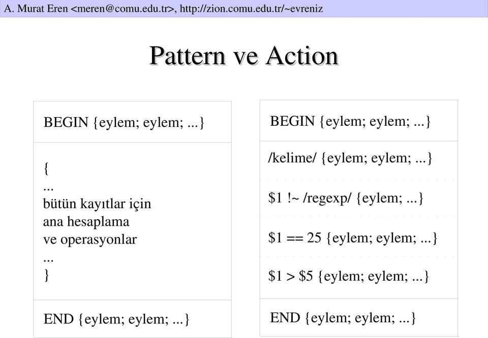 .. } BEGIN {eylem; eylem;...} /kelime/ {eylem; eylem;...} $1!