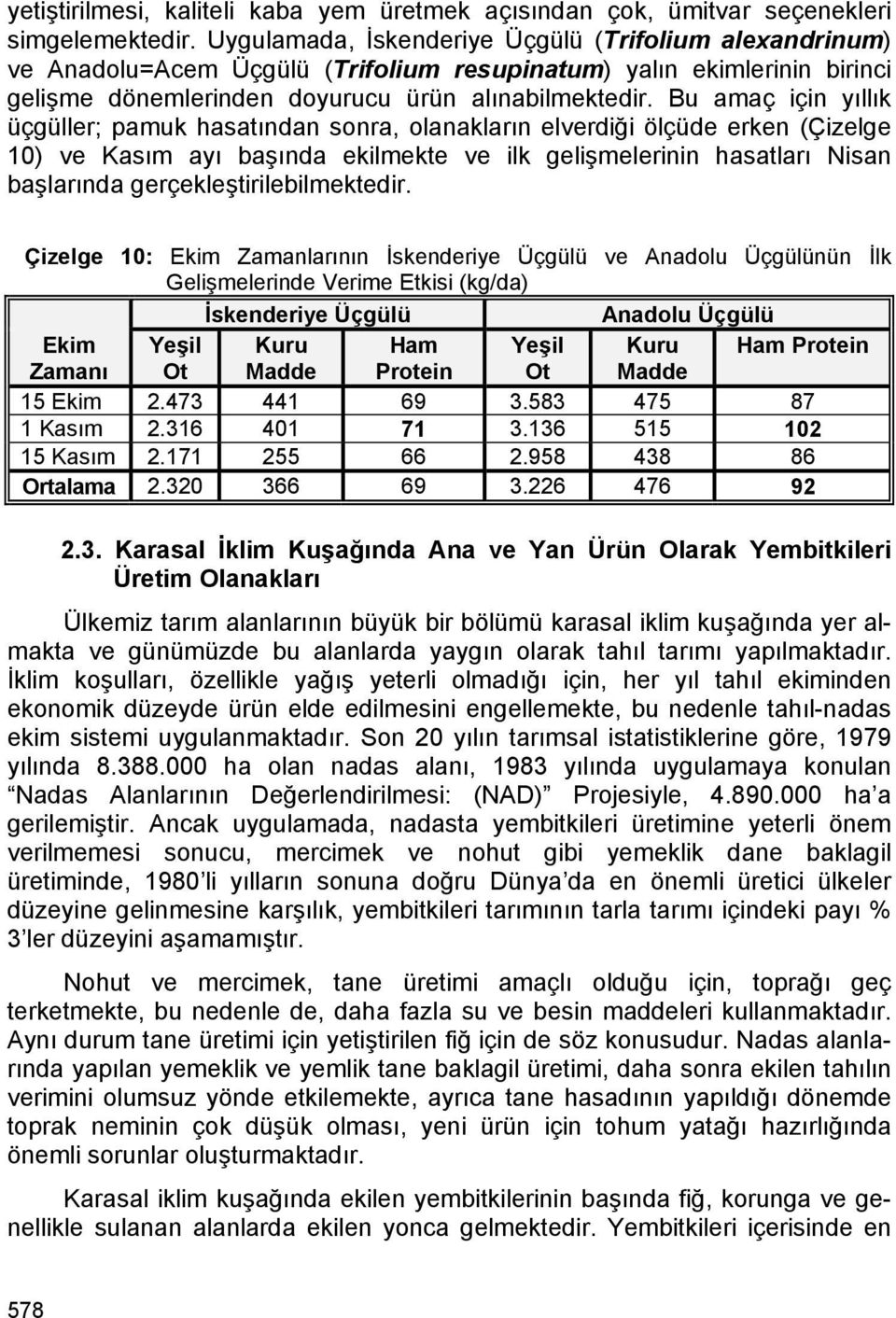 Bu amaç için yıllık üçgüller; pamuk hasatından sonra, olanakların elverdiği ölçüde erken (Çizelge 10) ve Kasım ayı başında ekilmekte ve ilk gelişmelerinin hasatları Nisan başlarında